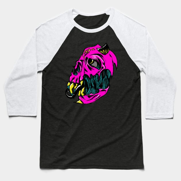 Demon Skull in Neon Baseball T-Shirt by PoesUnderstudy